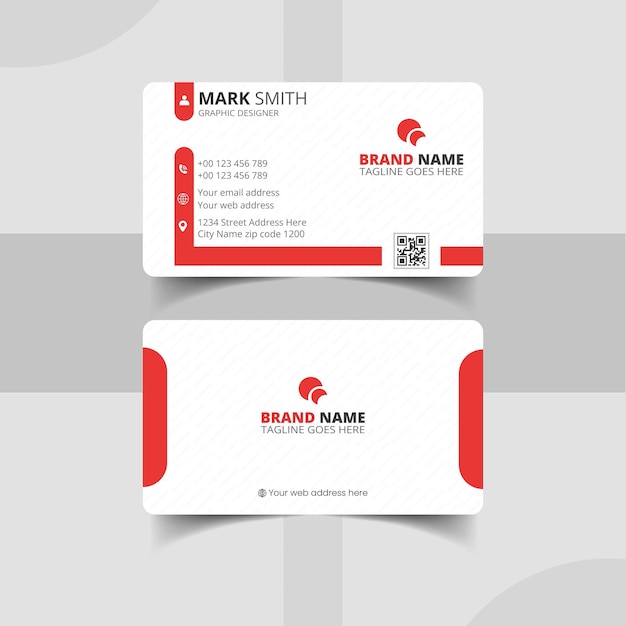 white business card with red details