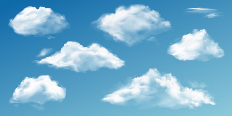 Vector white clouds realistic 3d semi transparent cloud in blue sky summer rain clouds vector isolated set