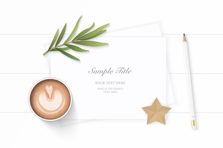 Vector white composition paper with coffee and tarragon leaf on wooden background