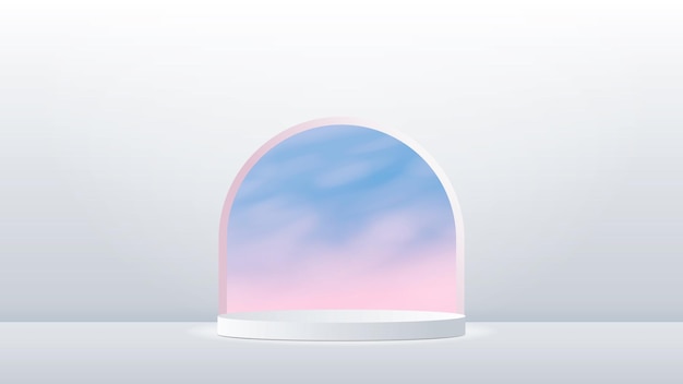 white cylinder podium in empty scene minimal scene with sunset sky outside the window