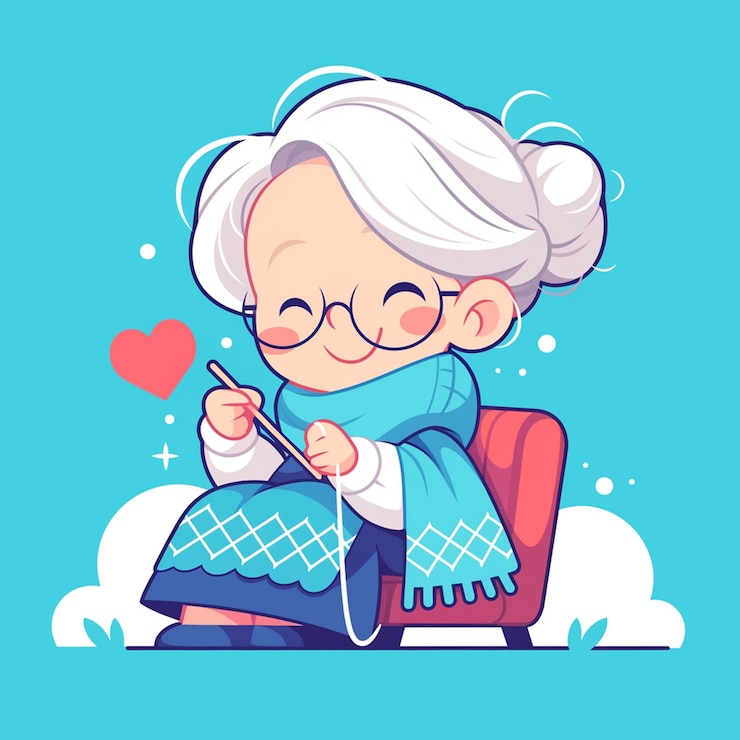 Vector white elderly woman knitting a scarf