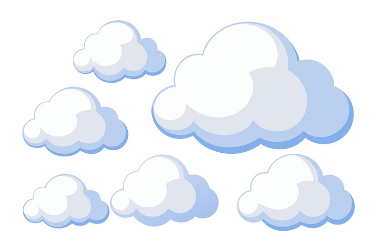 White fluffy clouds set isolated flat vector illustration on white background