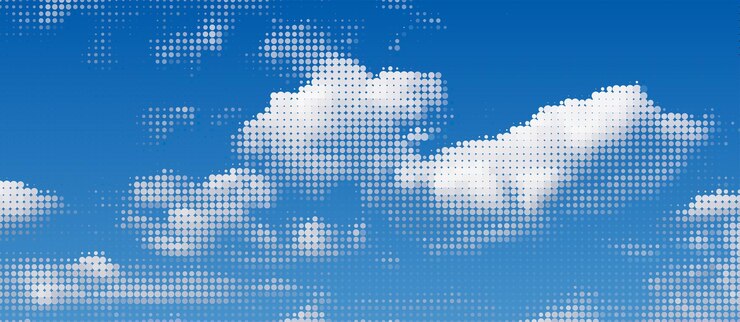 White halftone clouds effect vector Fluffy dotted style clear blue sky