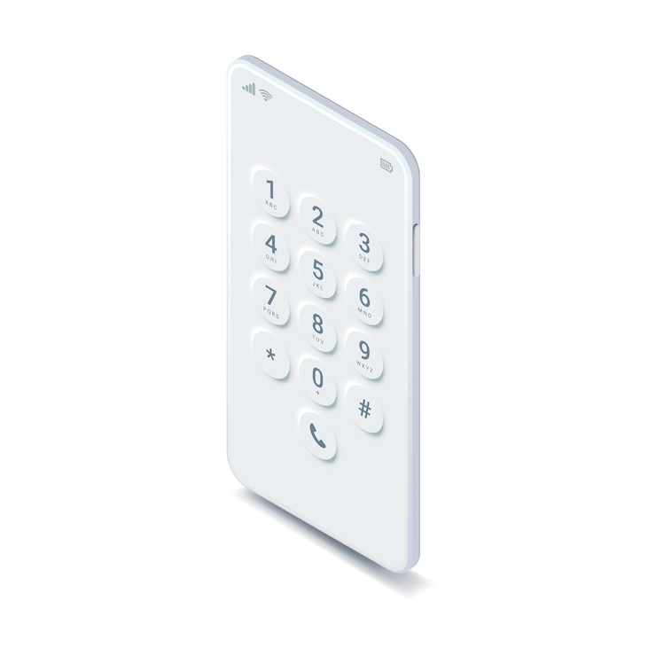 Vector white isometric smartphone mock up dial screen on mobile phone realistic mobile screen keypad with numbers and letters template vector 3d touchscreen device keypad white interface mockup