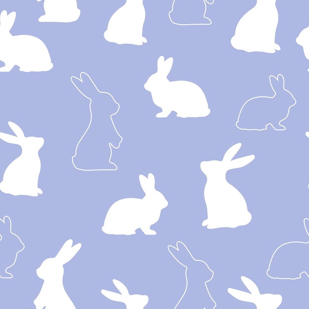 White rabbit on a blue background Silhouette of rabbits Seamless vector pattern
