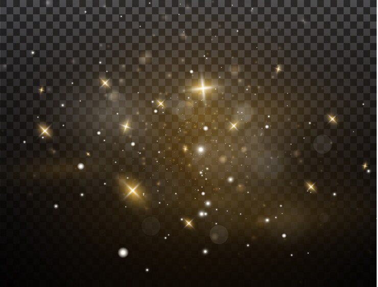 White sparks and golden stars glitter special light effect. sparkles on transparent background.