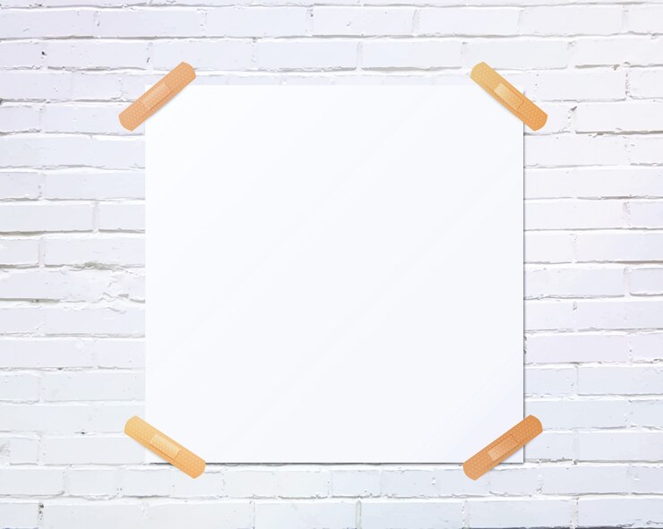 Vector white square blank piece of paper taped to the white brick wall
