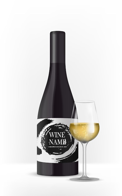 White wine bottle with label isolated on white background. Black bottle, made in a realistic style.