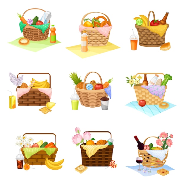Wicker picnic baskets and hampers full with foodstuff vector set