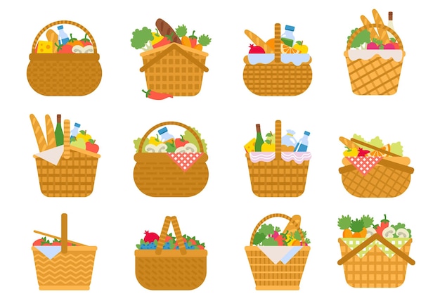 Wicker willow picnic baskets set Straw weaving hampers icons with wine bread fruits vegetables