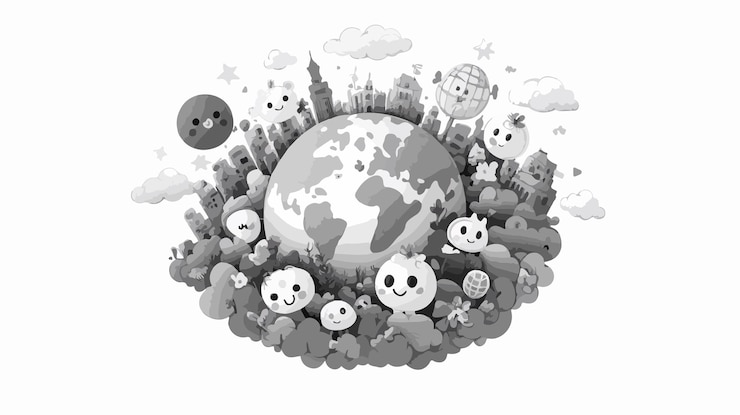 Vector wide angle cute global connect grayscale kawaii happy image