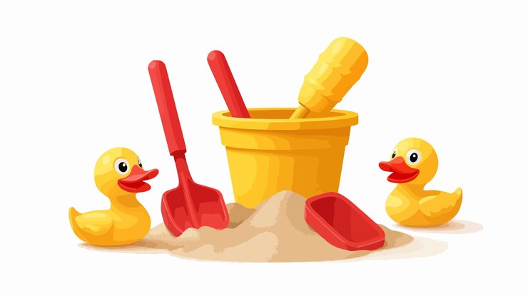 Vector wide angle sand bucket with shovel and ducky toys for beach fun