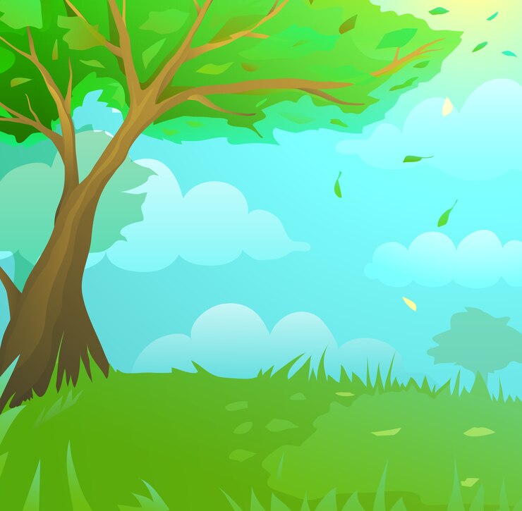 Vector wild green forest landscape with grass lawn dreamland kids cartoon. children landscape and wildlife design artistic background.