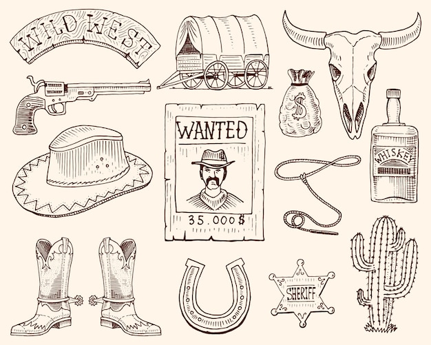wild west rodeo show cowboy or indians with lasso hat and gun cactus with sheriff star and bison boot with horseshoe and wanted poster engraved hand drawn in old sketch or and vintage style