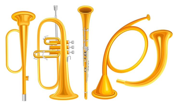 Vector wind copper musical instruments vector set isolated on white background detailed collection