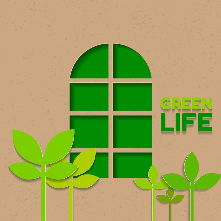 Vector windows with green leaf paper cut vector illustration
