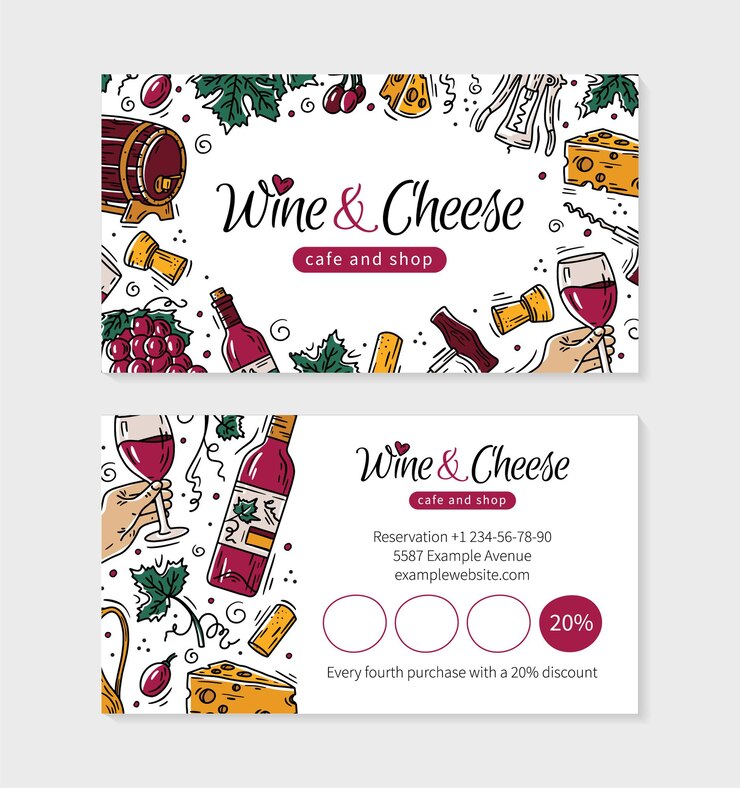 Vector wine and cheese visit card for a shop or cafe in doodle style