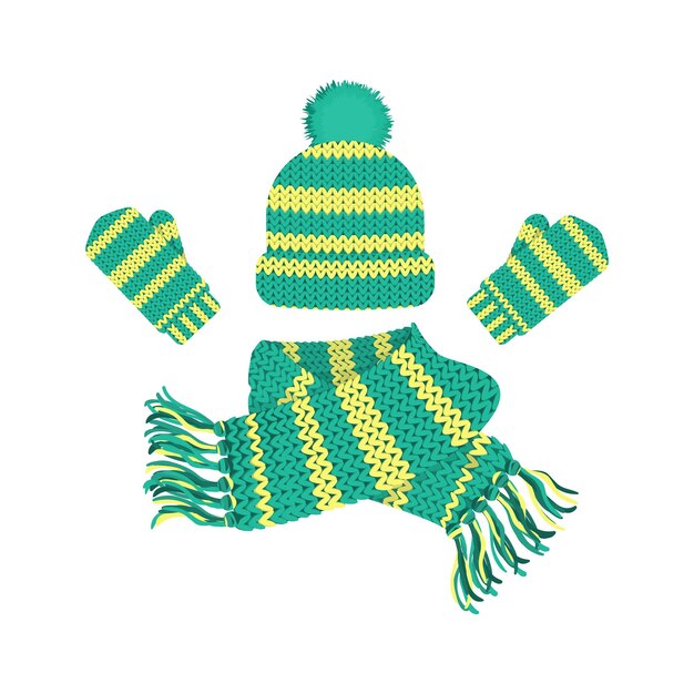 Winter clothes set Hat scarf and mittens Isolated vector illustration on white background
