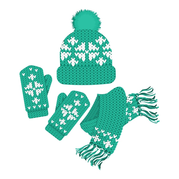 Winter clothes set Hat scarf and mittens with pattern Isolated vector illustration on white background
