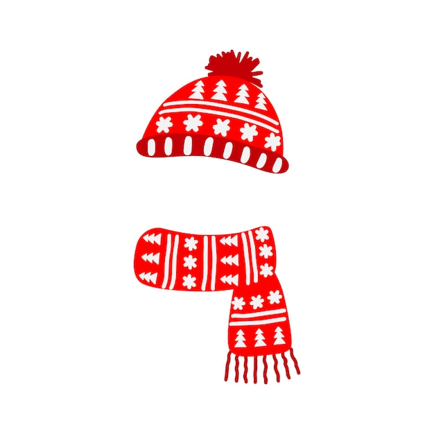 Winter hat cap with snowflake and pompom red scarf flat design vector illustration