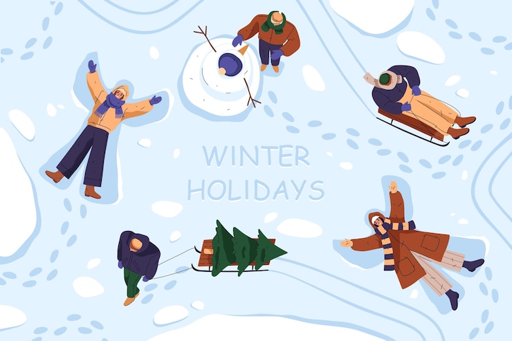 Vector winter holiday outdoor activities vector illustration clipart snowy park game and ice activity
