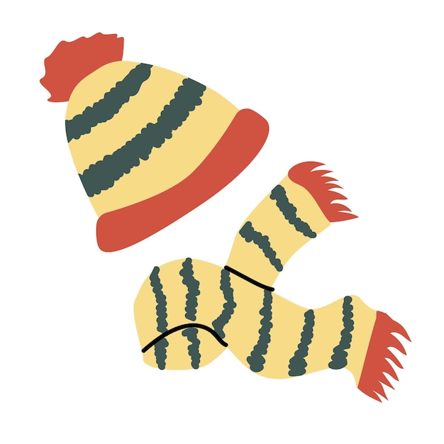 Winter knitted hat and scarf set in red and yellow colors