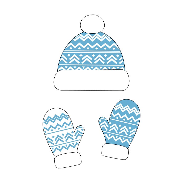 Vector winter mittens and hat in christmas colors isolated on white background