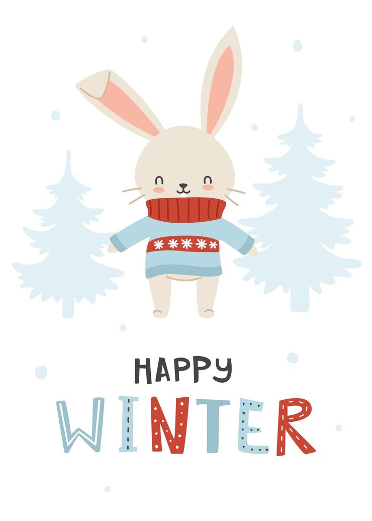 Winter poster with cute bunny in sweater Print with adorable rabbit in winter forest and lettering