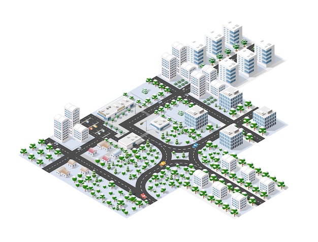Winter town tree an isometric city with streets