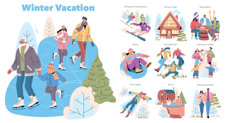 Vector winter vacation illustration enjoy various winter activities with family and friends such as skiing