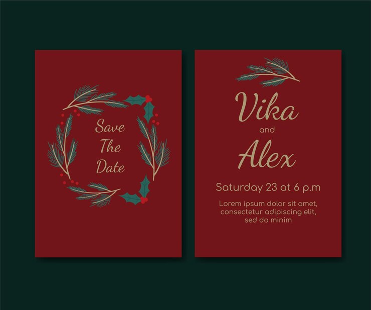 Winter wedding luxury invitation card with wreath. Christmas Save Date card with spruce branches