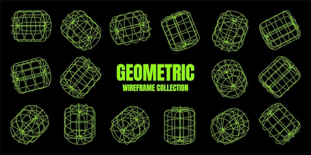 Wireframe lined shapes perspective mesh d grid low poly geometric elements retro futuristic design