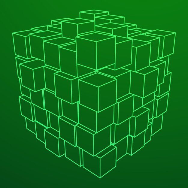 wireframe mesh big data cube made of many cubes connection structure digital info visualization conc...