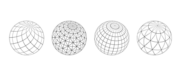 Wireframe spheres collection 3d outline globes with different grid patterns Black geometric circles