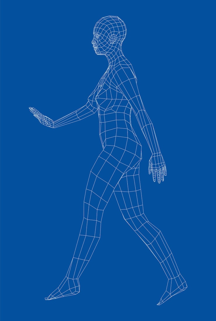 Vector wireframe walking woman. vector 3d rendering. female in walking pose