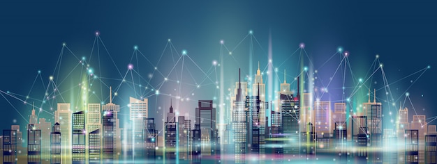 wireless communication smart city and network technology in downtown skyscraper.