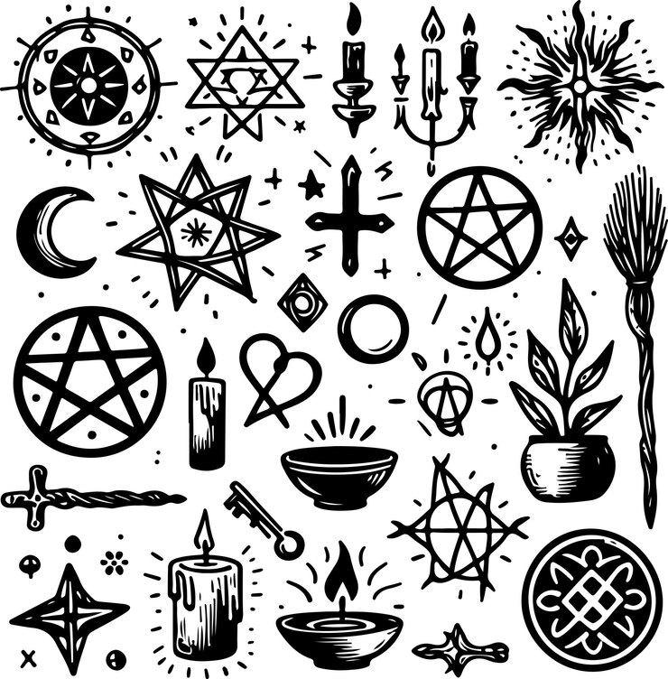 Vector witchcraft elements black outline doodle vector illustration