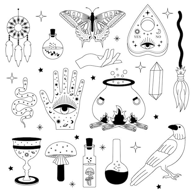 Witchy magic set Set of witchcraft items Collection of witchy magic and esoteric equipment