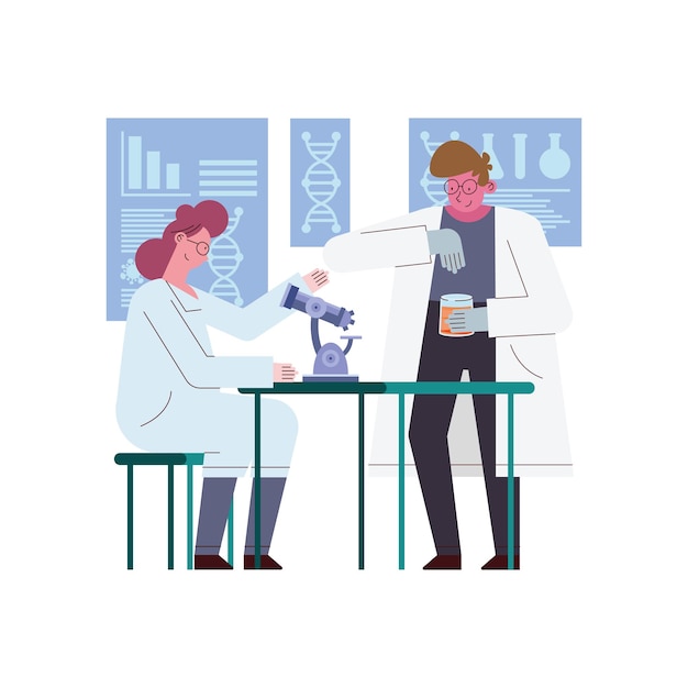 Woman and man scientist with microscope