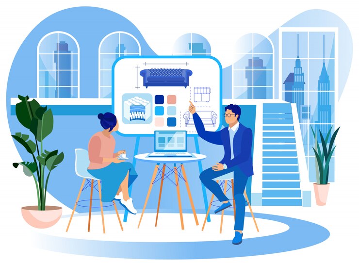 Vector woman and man study sofa inside in office. 