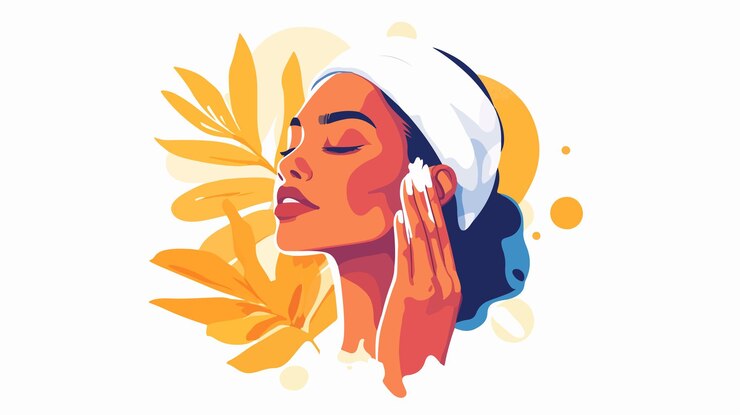 Vector woman applying skin care cream for skincare routine in vector illustration