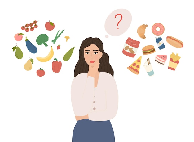 Woman choosing between healthy and unhealthy food Organic products and fast food Diet decision concept and nutrition