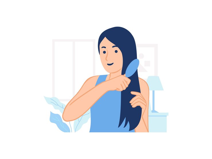 Vector woman combing brushing hair her hair morning beauty routine haircare concept illu