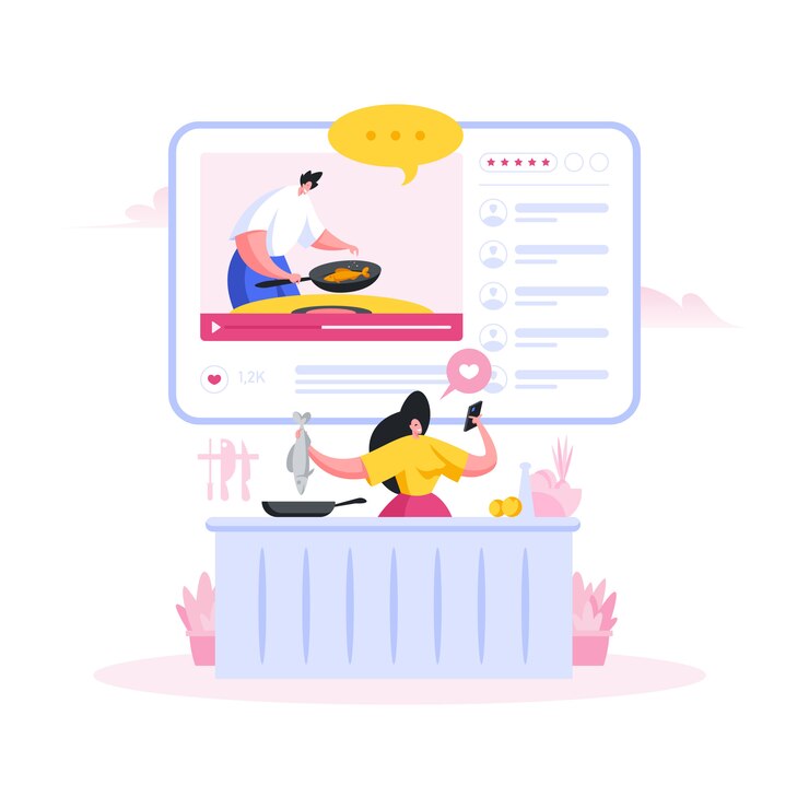 Vector woman cooking fish and watching online recipe. flat cartoon people illustration
