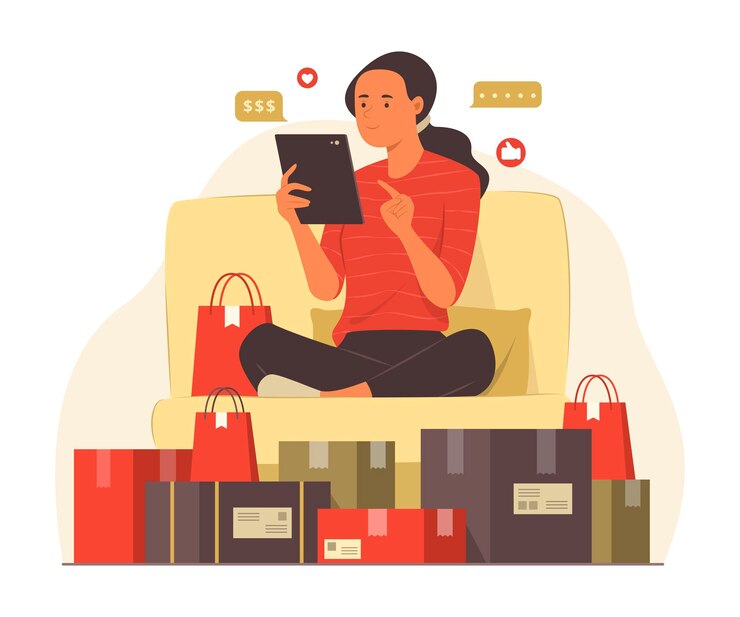 Vector woman enjoy with online shopping on tablet