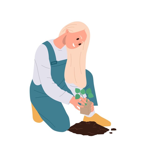 Woman farm worker cartoon character planting strawberry seedling into ground isolated on white
