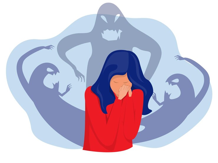Vector woman fear and crying with imaginary ghosts flying around her mental disorder and diseases,