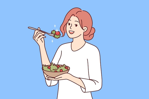 Woman follows diet by eating green seaweed salad to get rid of diseases and lead healthy lifestyle
