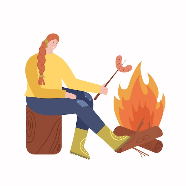 Woman fries sausages at the stake. Outdoor recreation.