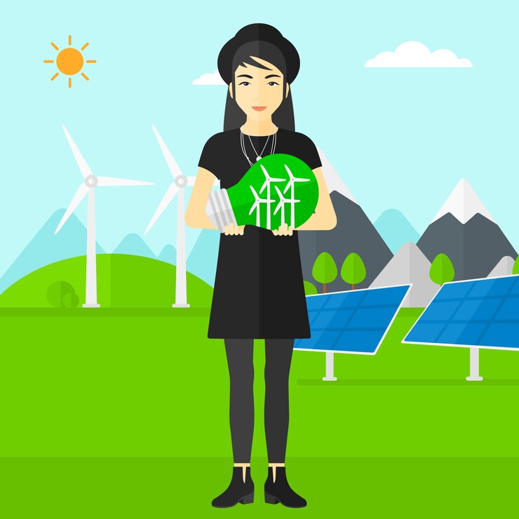 Vector woman holding lightbulb with windmills inside